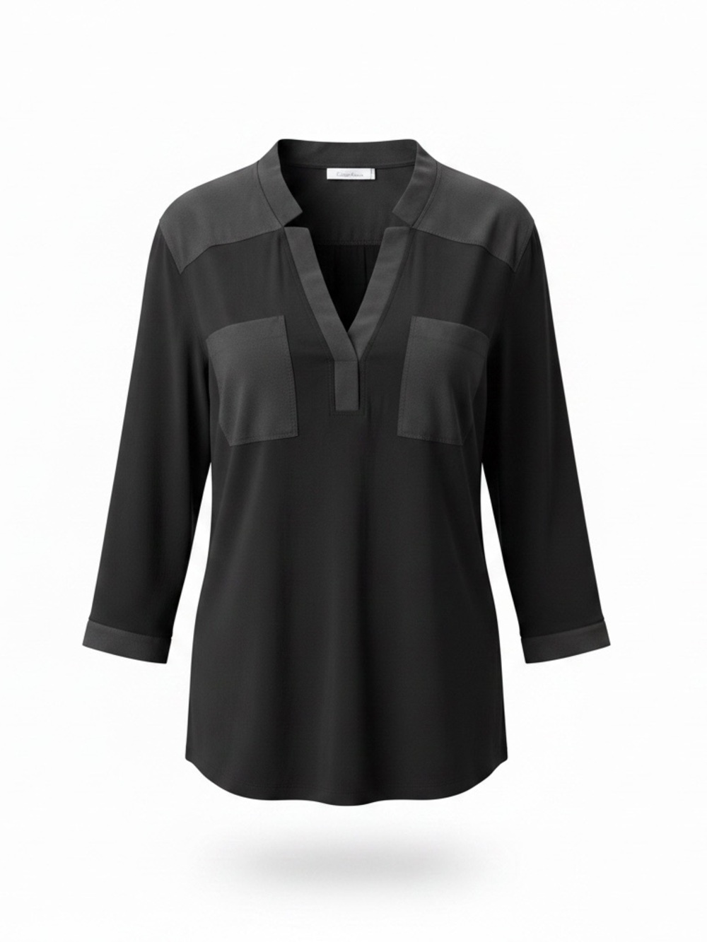 Calvin Klein Flowy Deep V-Neck Utility Blouse — Black | Soft | AS-IS